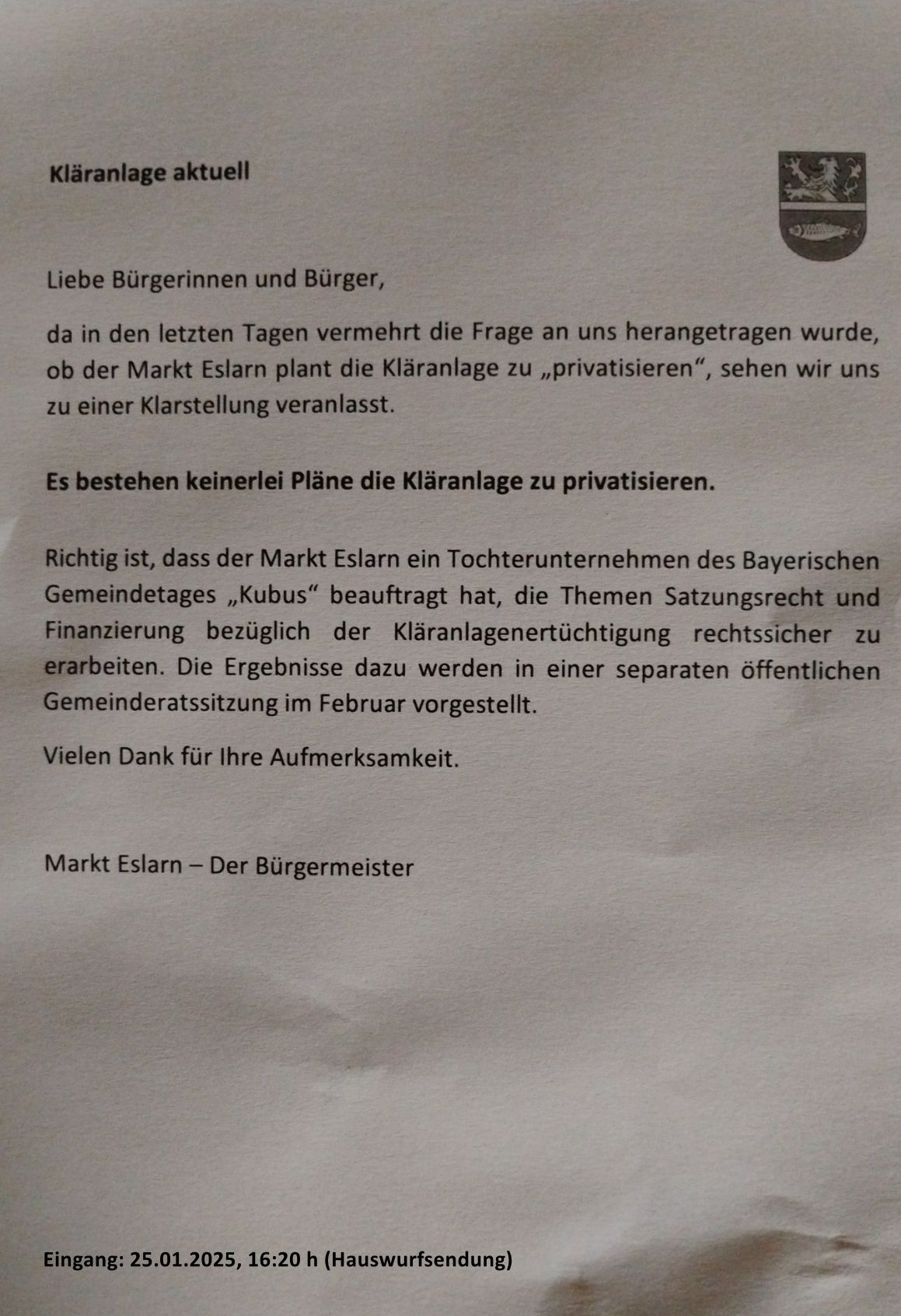 Eslarn – aktuell: Hauswurfsendung v. Tage: Keine Privatisierung der Eslarner Kläranlage geplant! Update!