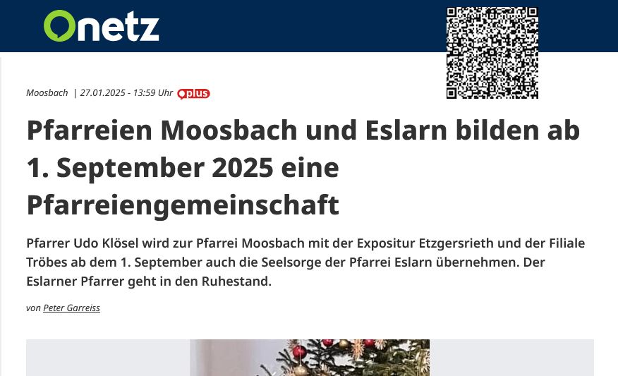 Eslarn – katholisch: Es ist Fakt! Ab 01.09.2025 gehört Eslarn rechtlich zu Moosbach!