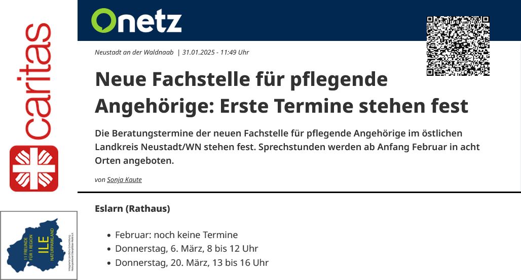 Eslarn – Beratungsangebot: Neue Fachstelle für pflegende Angehörige nimmt die Arbeit auf!