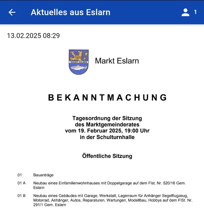 Eslarn – kommunal: Die Tagesordnung zur Gemeinderatssitzung am 19.02.2025